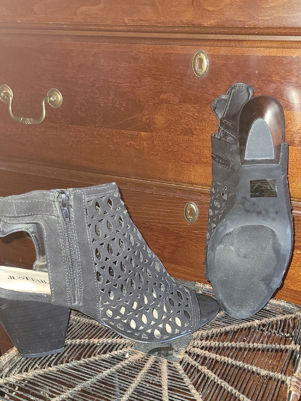 JustFab Black Laser-Cut Peep-Toe Block Heel Booties